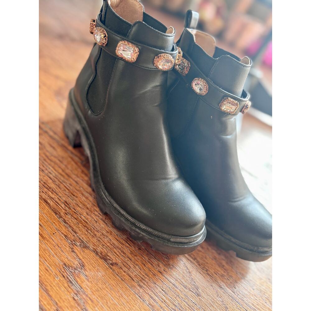 Black Chunky Lug Sole Ankle Boots w/ Rhinestone Strap – Size 9.5
